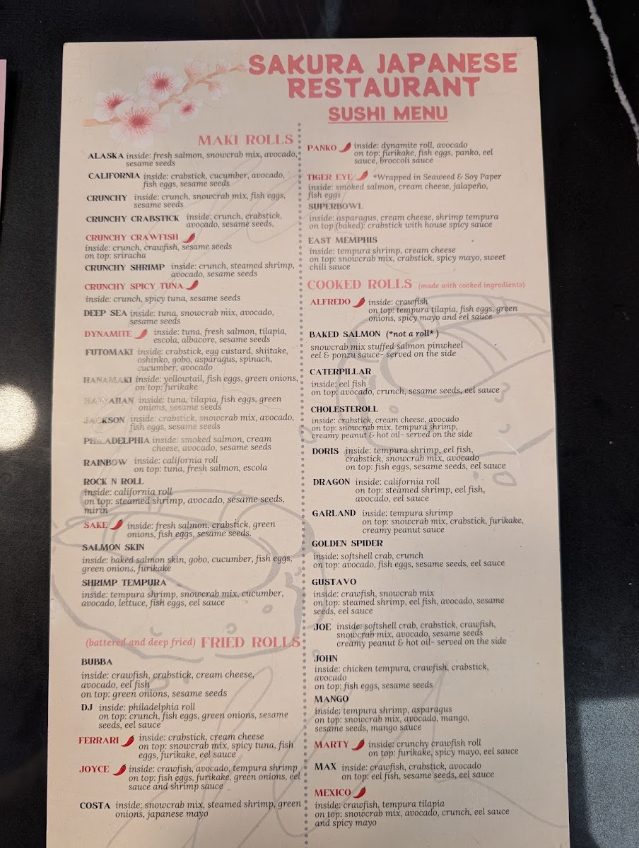 Sakura Japanese Restaurant - Lakeland menu board