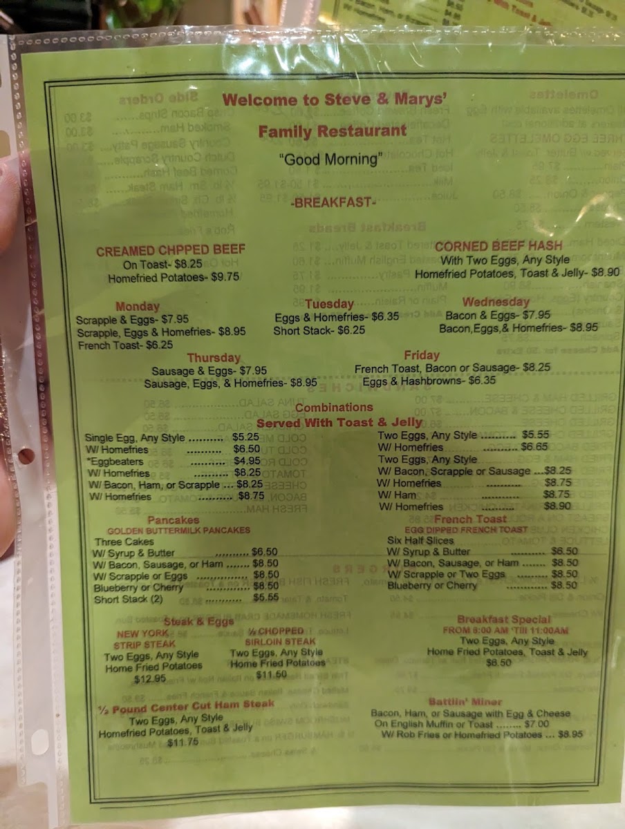 Steve & Mary's Family Restaurant menu board