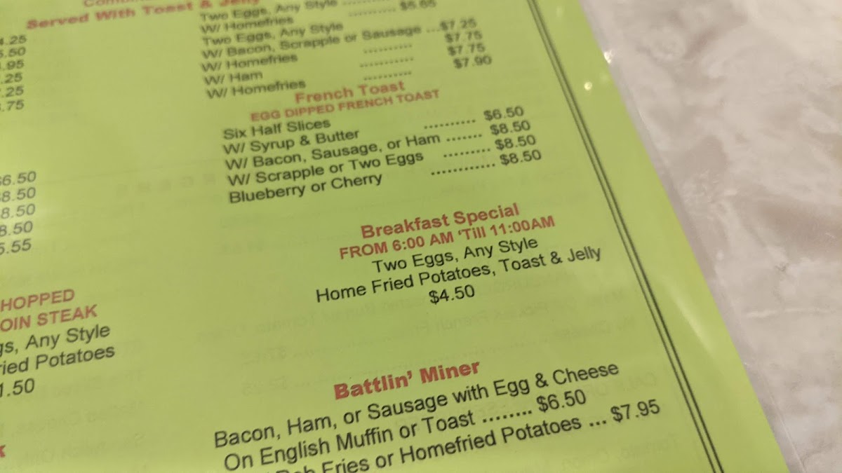 Steve & Mary's Family Restaurant menu board