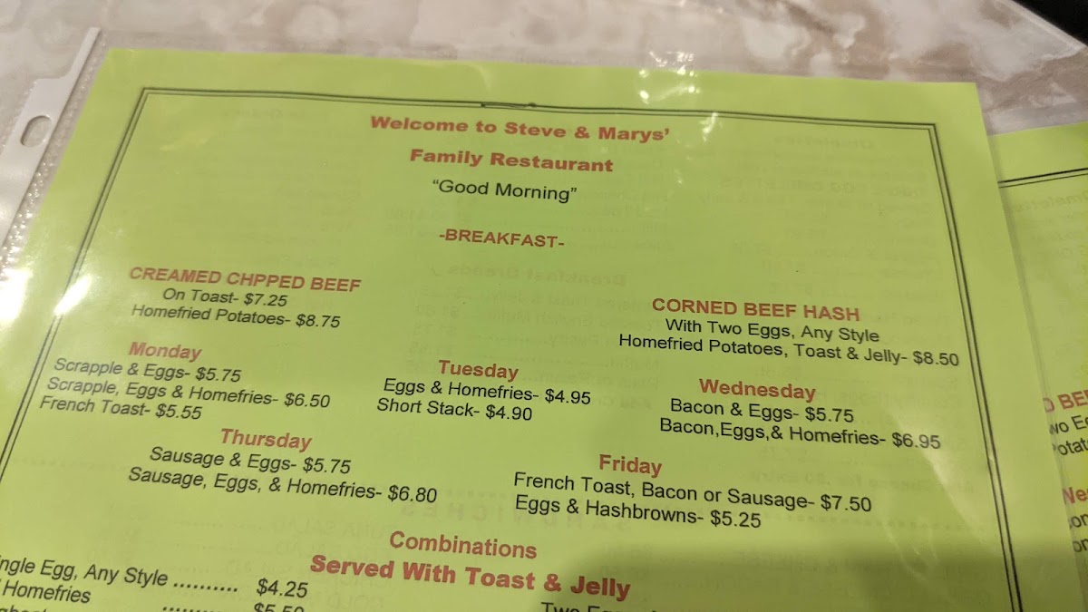 Steve & Mary's Family Restaurant menu board