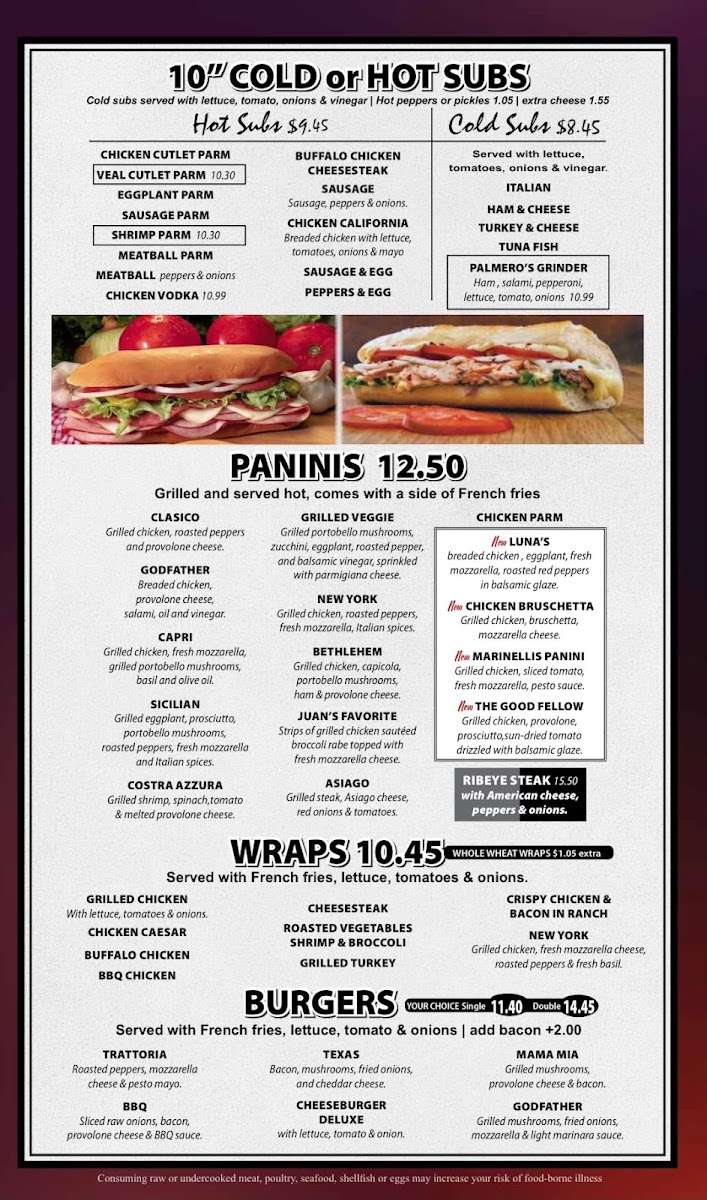 Palmero's Pizza y italian restaurante menu board