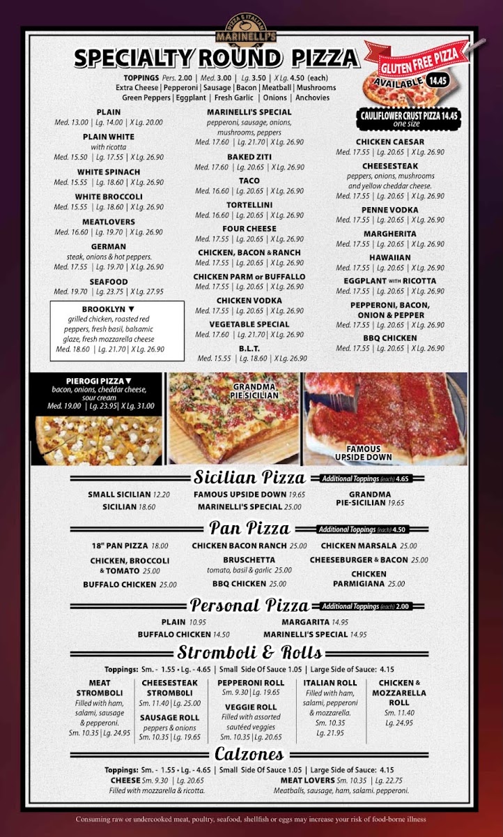 Palmero's Pizza y italian restaurante menu board