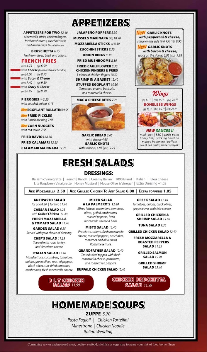 Palmero's Pizza y italian restaurante menu board