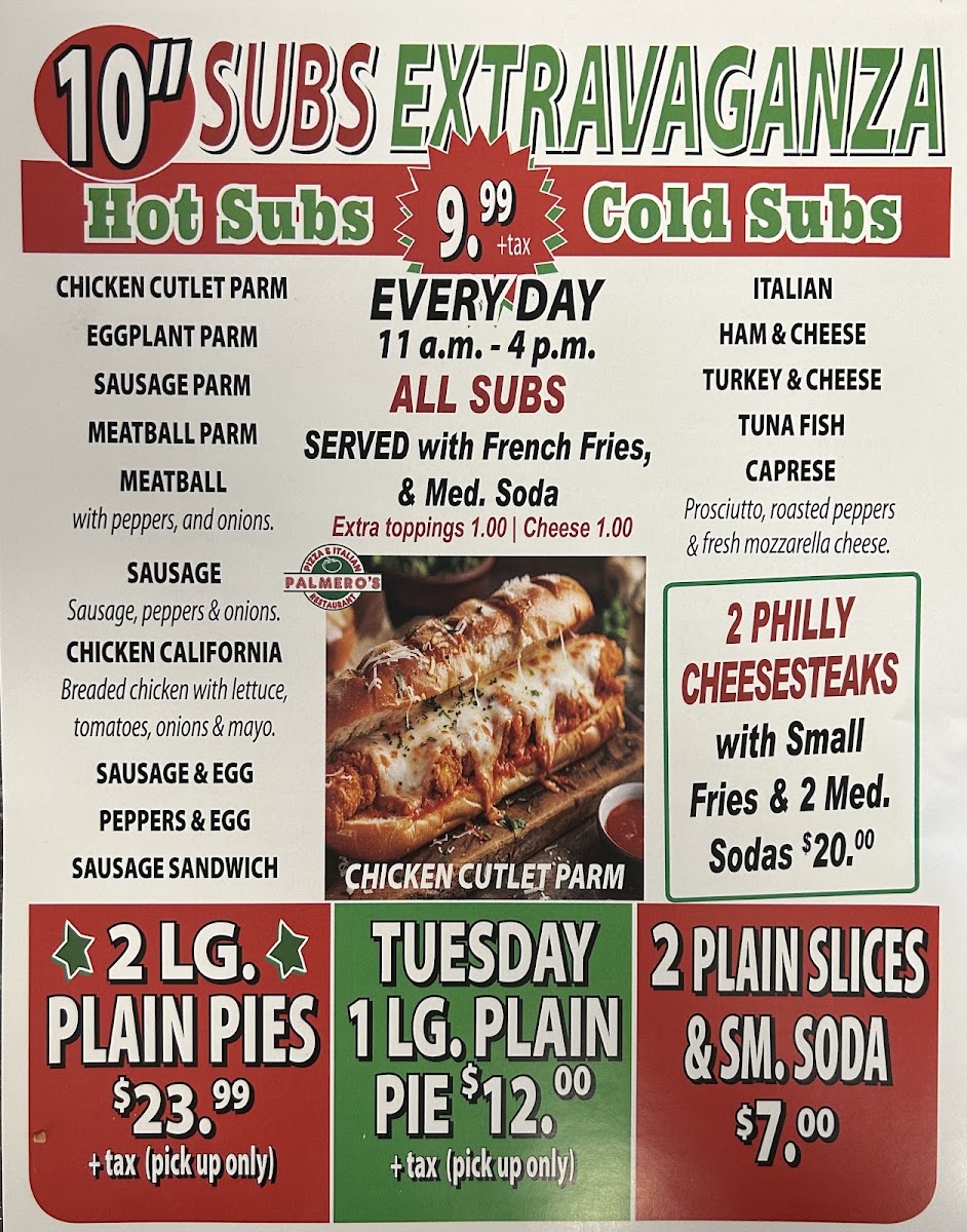 Palmero's Pizza y italian restaurante menu board