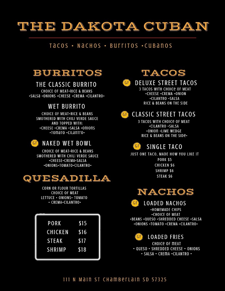 The Dakota Cuban menu board