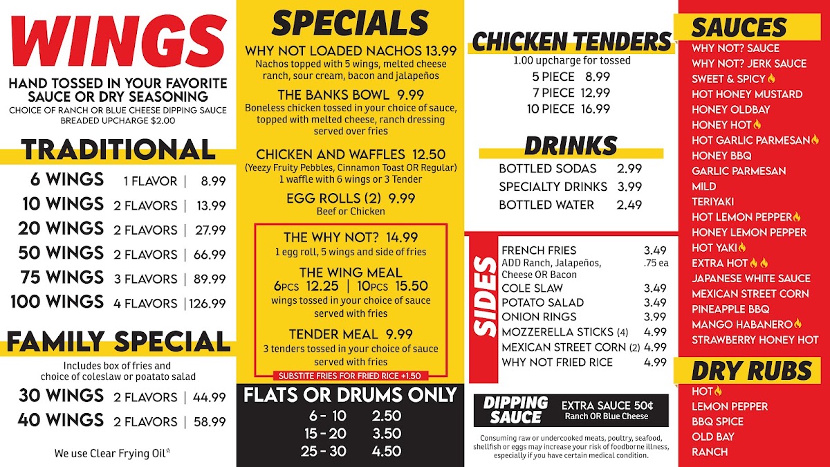 Why Not Wings menu board