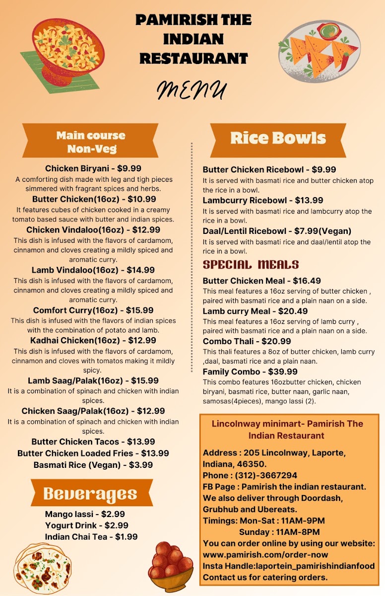 Lincolnway mini mart Pamirish The Indian Restaurant menu board