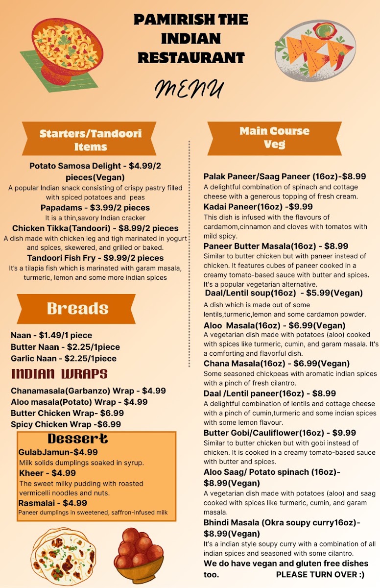 Lincolnway mini mart Pamirish The Indian Restaurant menu board