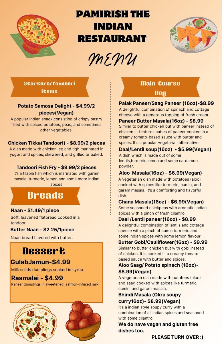 Lincolnway mini mart Pamirish The Indian Restaurant menu board