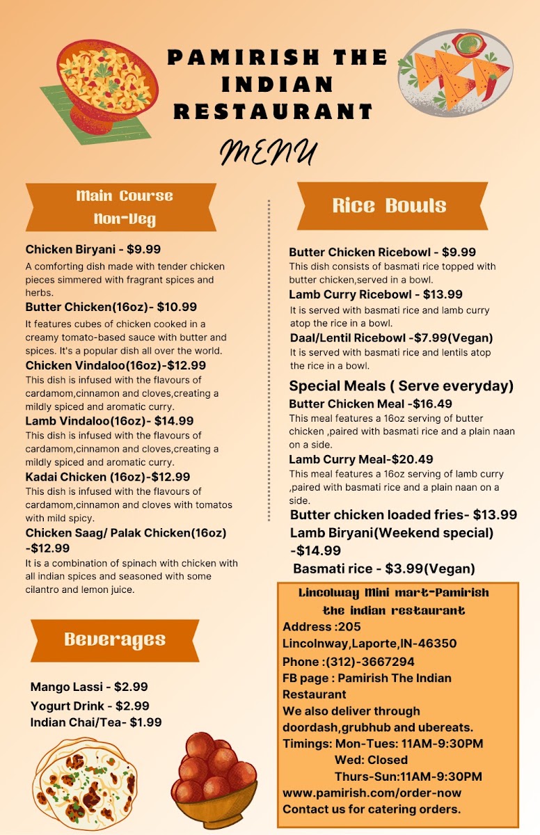 Lincolnway mini mart Pamirish The Indian Restaurant menu board