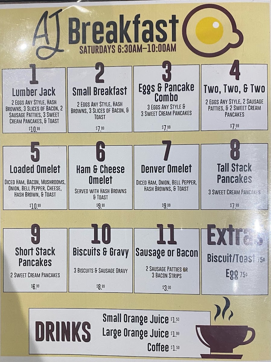 A J's Steak & Pasta menu board