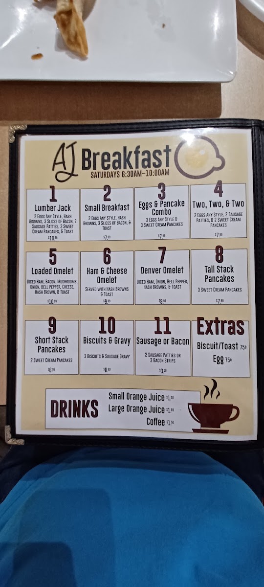 A J's Steak & Pasta menu board