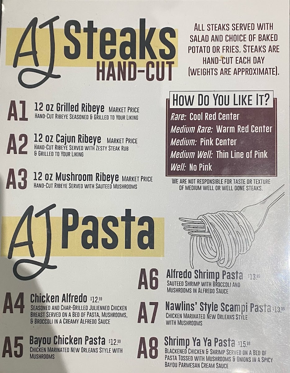 A J's Steak & Pasta menu board