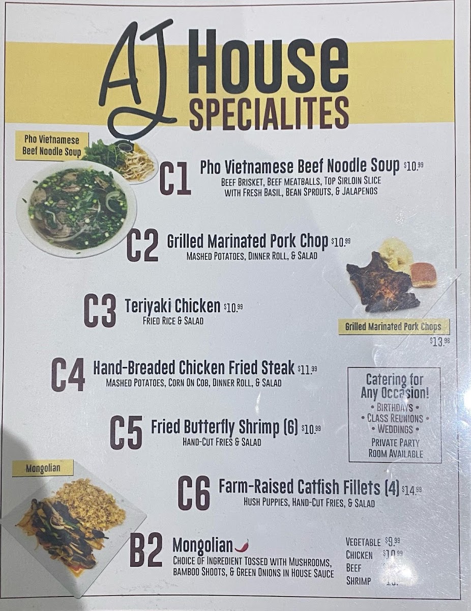 A J's Steak & Pasta menu board