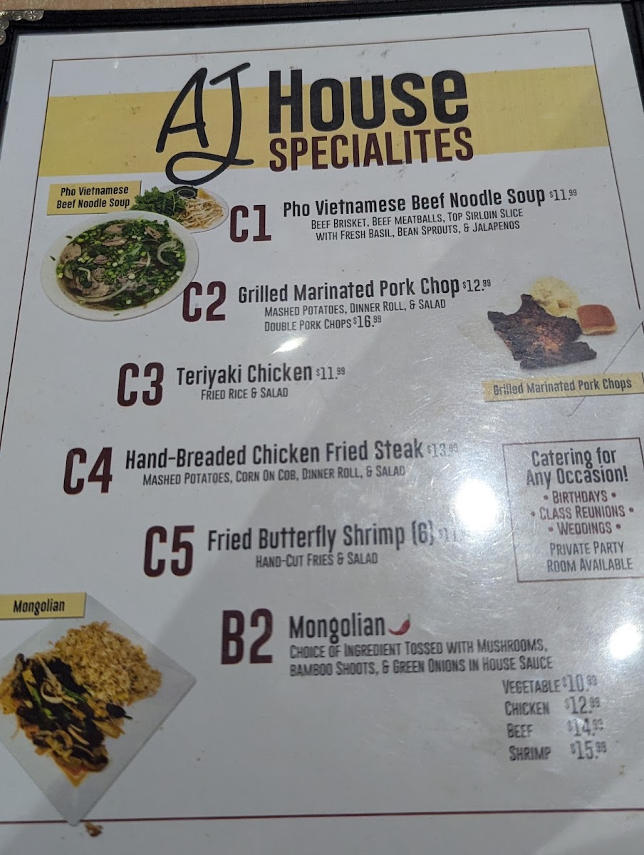 A J's Steak & Pasta menu board