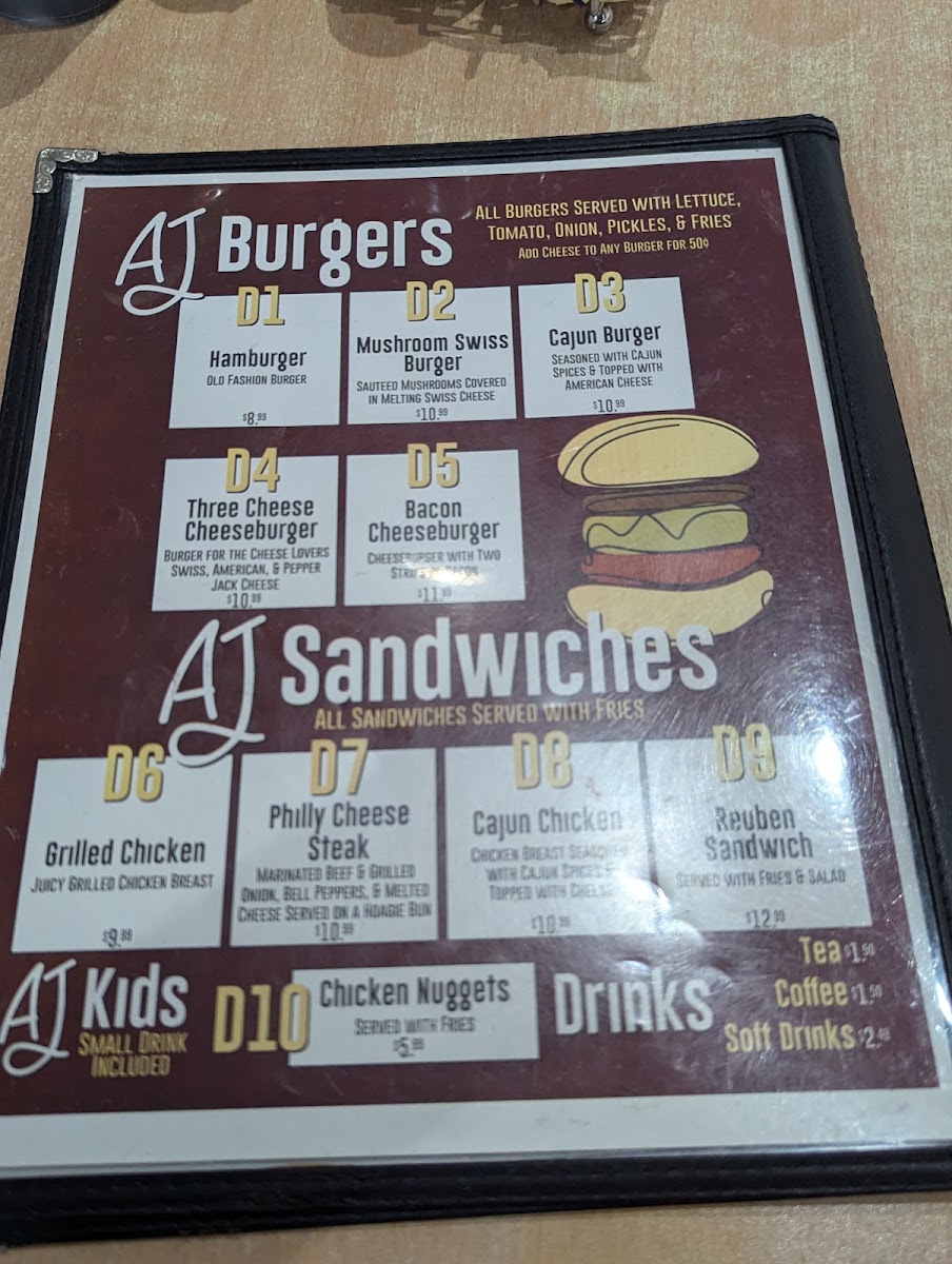 A J's Steak & Pasta menu board