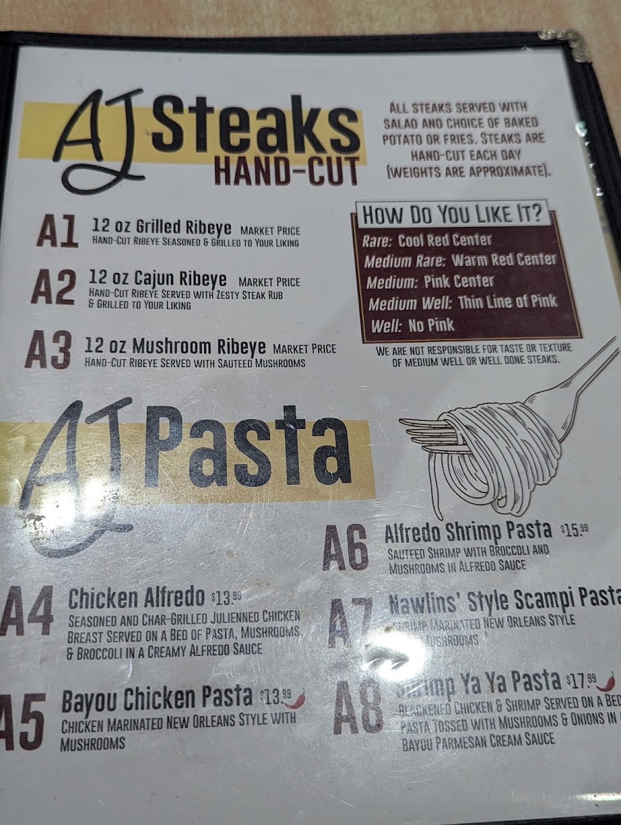 A J's Steak & Pasta menu board