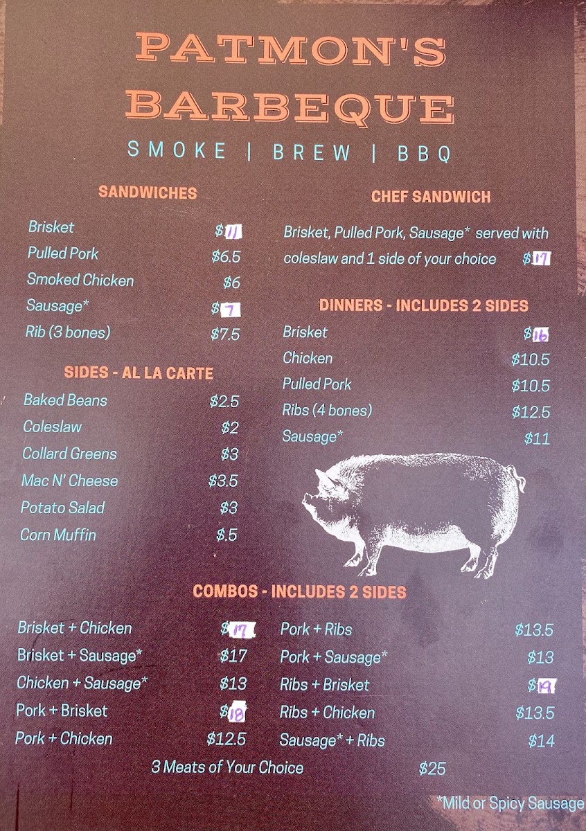 Patmon’s Barbeque menu board