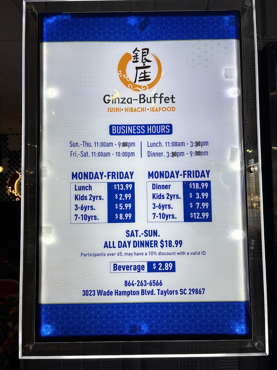 Ginza Buffet menu board