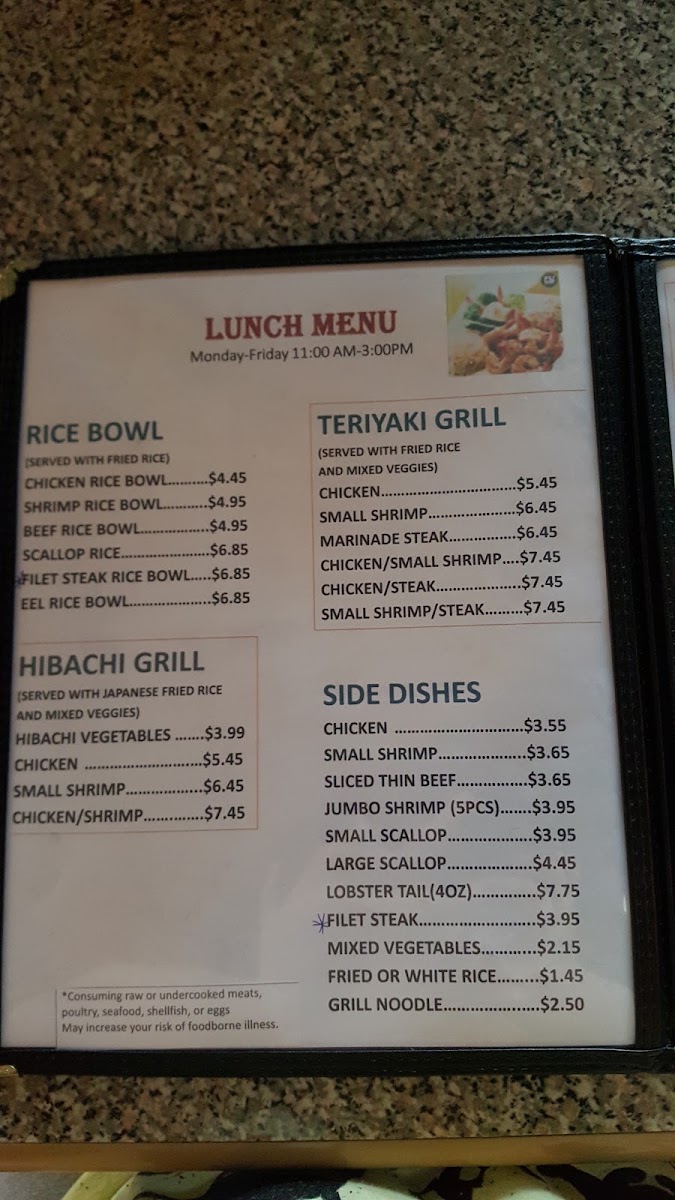 Ginza Buffet menu board