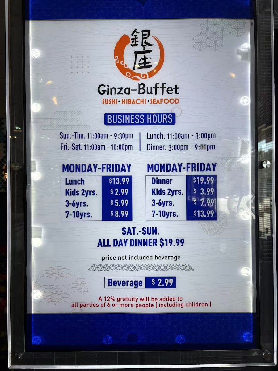 Ginza Buffet menu board
