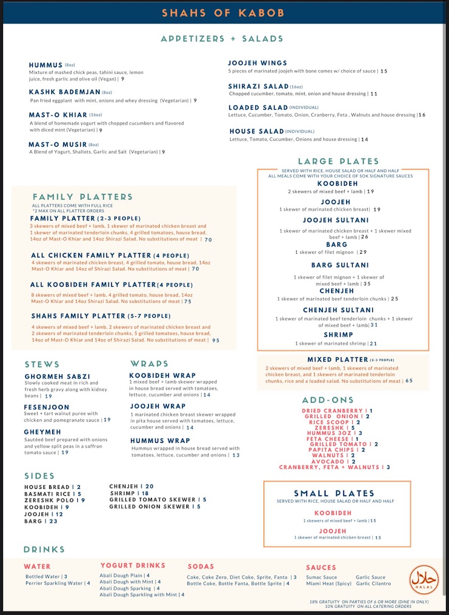 Shahs of Kabob Palmetto Bay menu board