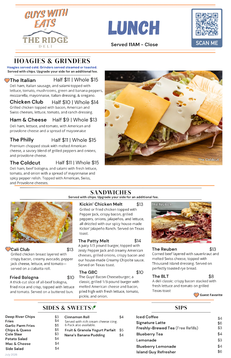 Guys with Eats at The Ridge Deli menu board