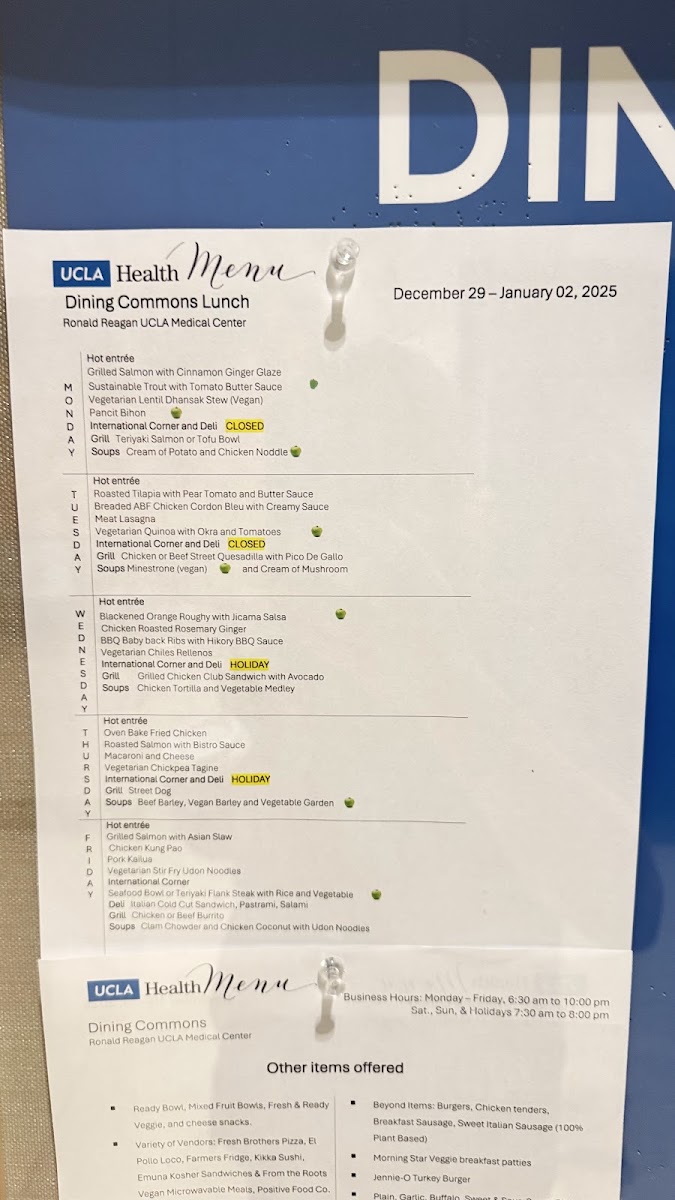 Dining Commons at Ronald Reagan UCLA Medical Center menu board