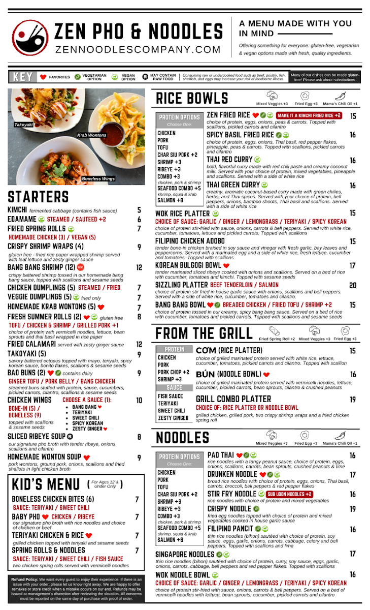 ZEN Pho & Noodles Jonesville menu board