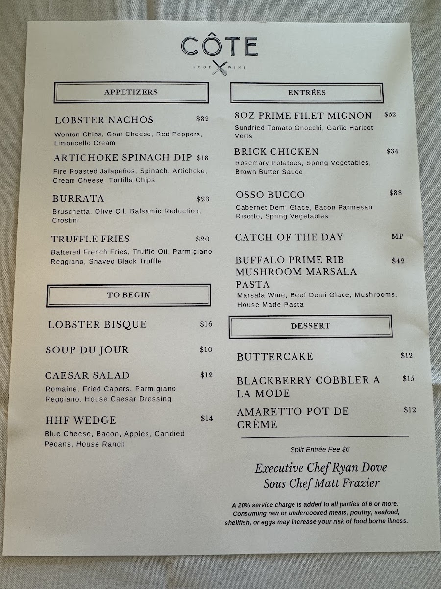 Côte Restaurant menu board