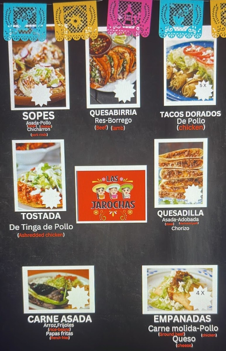Taqueria y antojitos Las Jarochas menu board