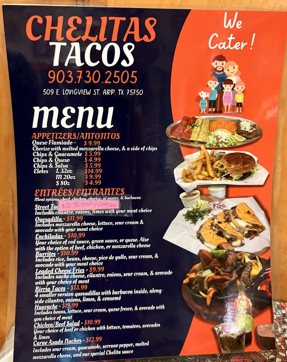 Chelita’s Tacos menu board