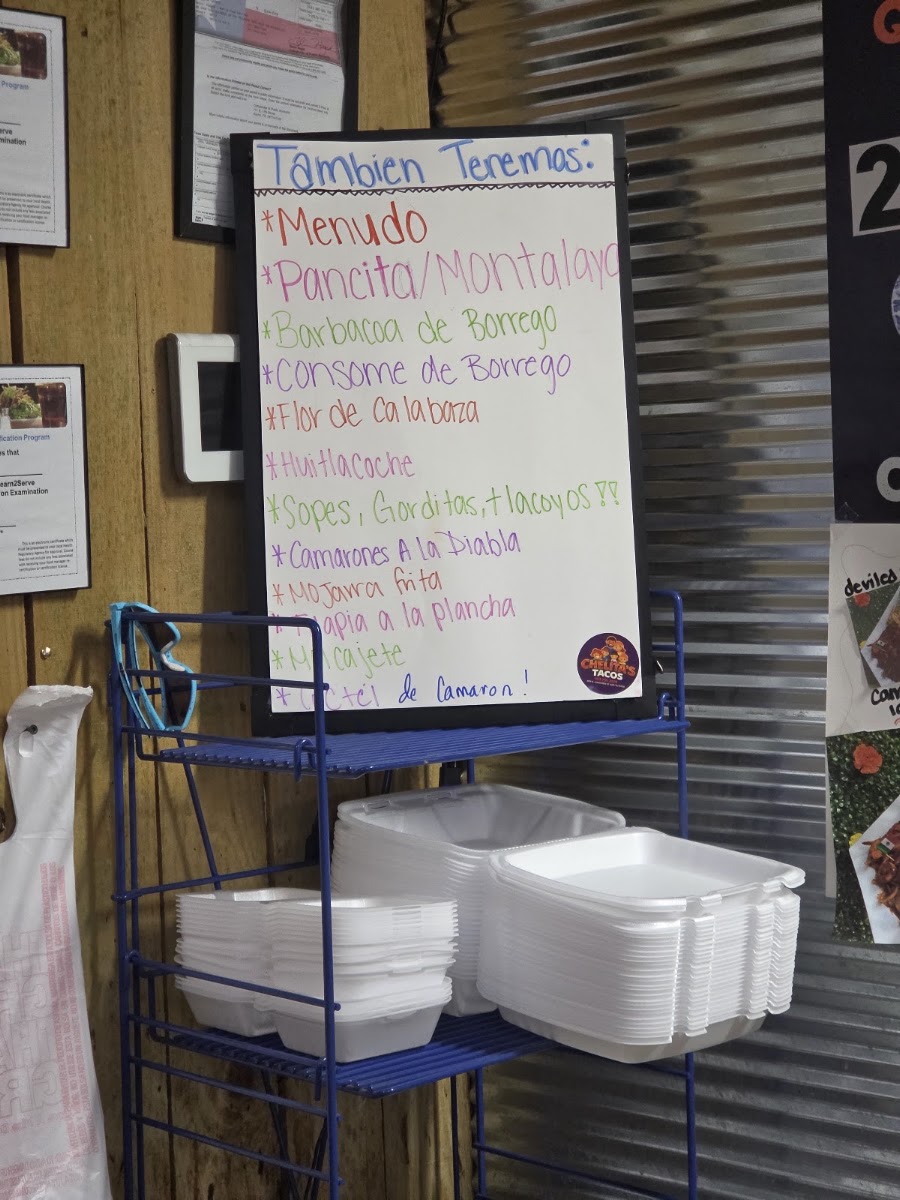 Chelita’s Tacos menu board