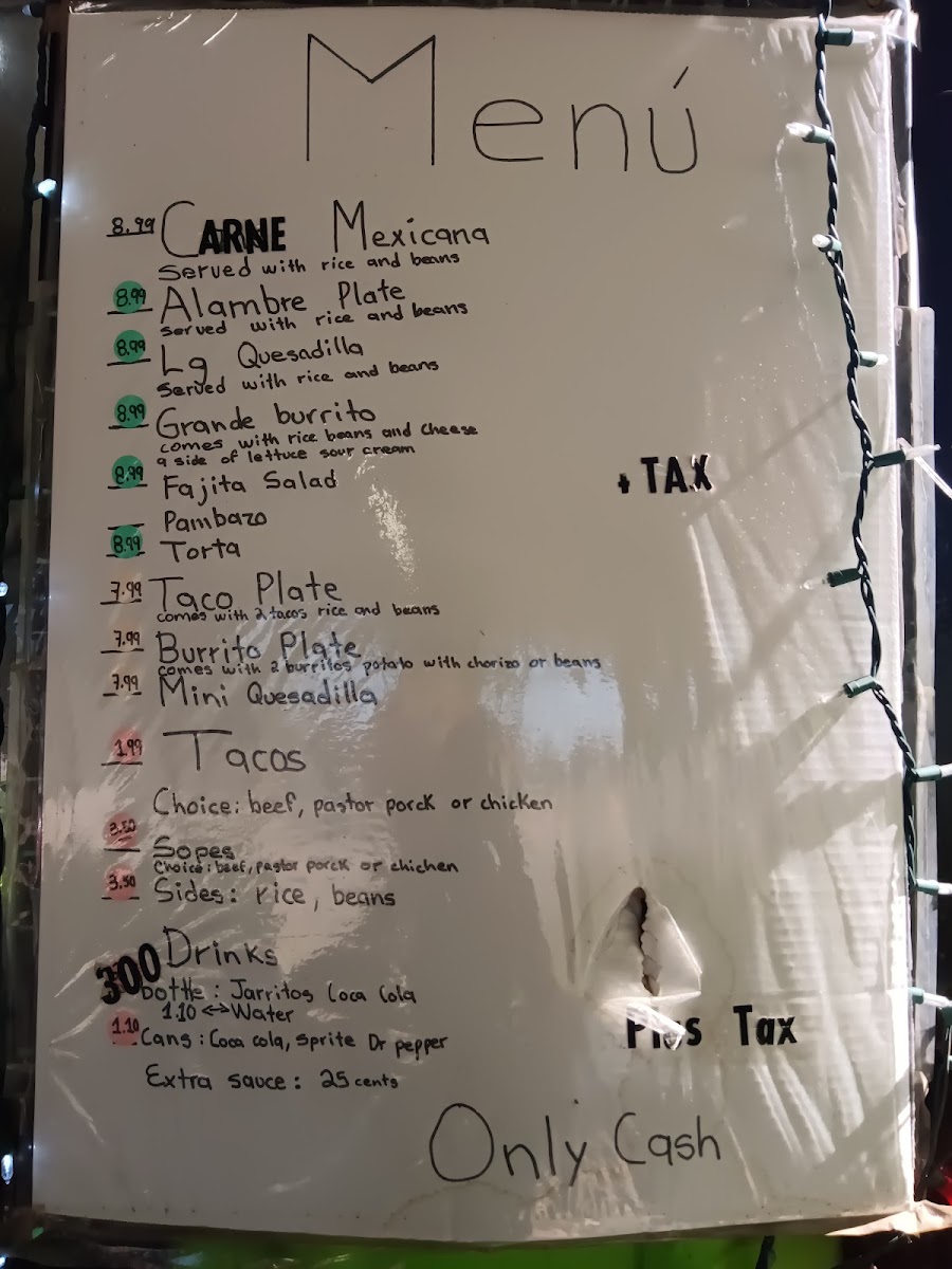 Mariachi's Mexican Tacos menu board