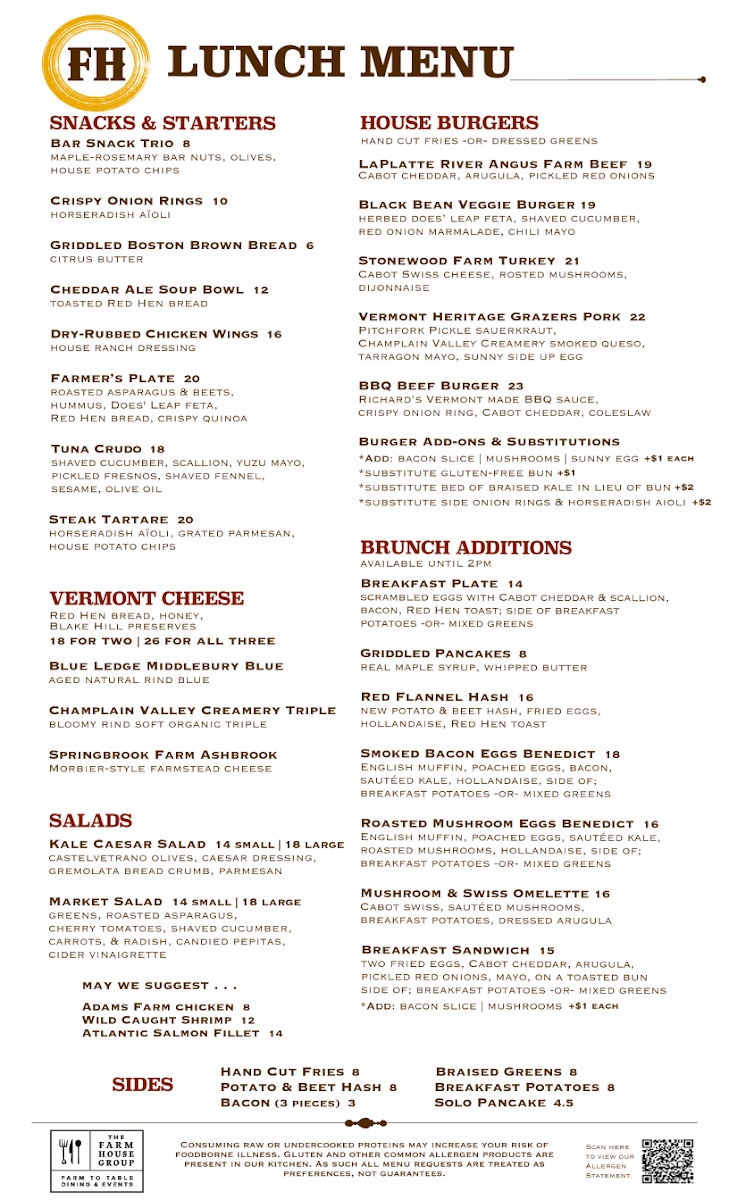 Farmhouse Tap and Grill (Williston) menu board