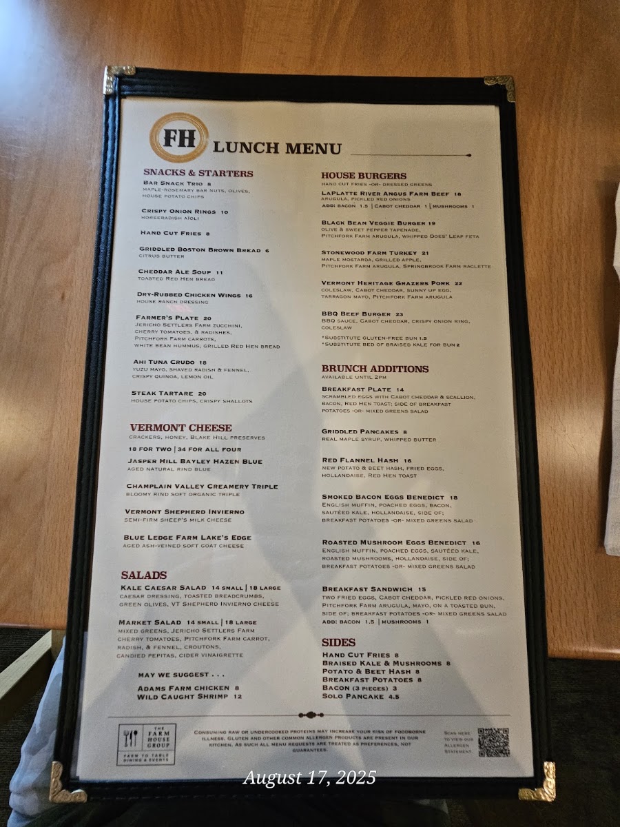 Farmhouse Tap and Grill (Williston) menu board