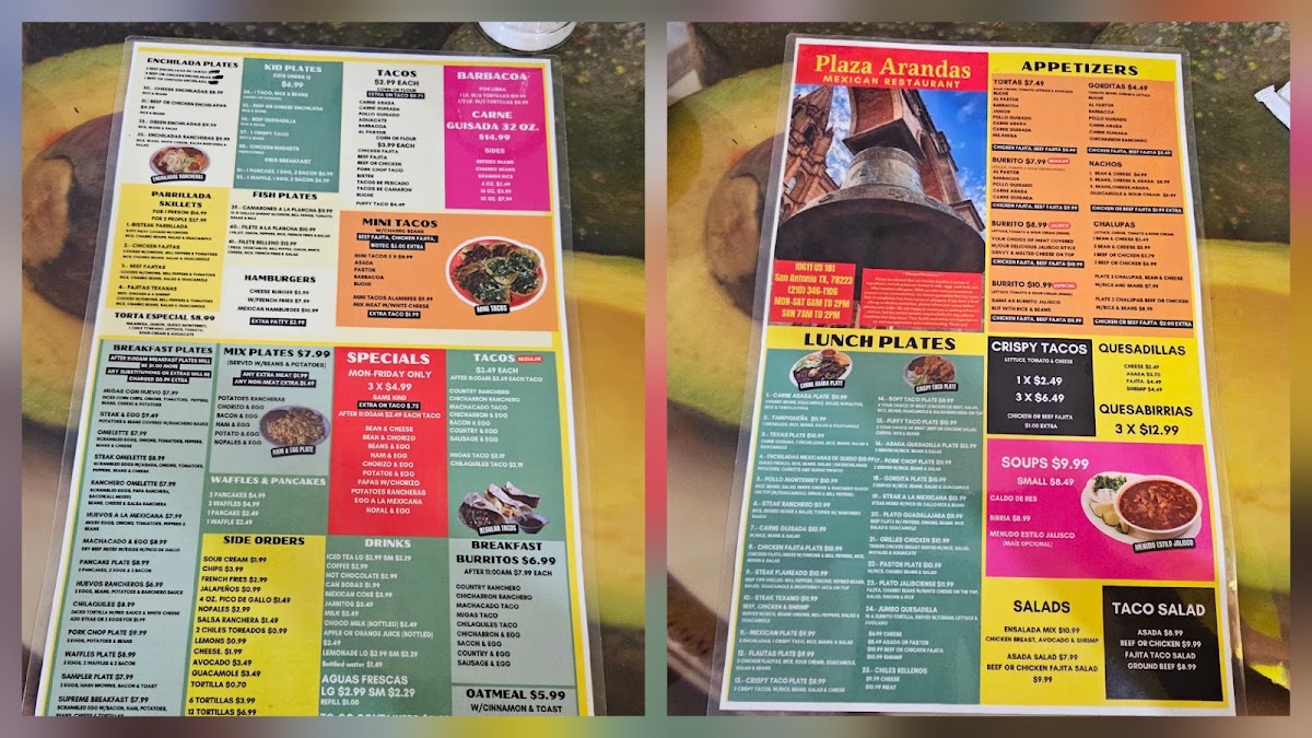Plaza Arandas menu board