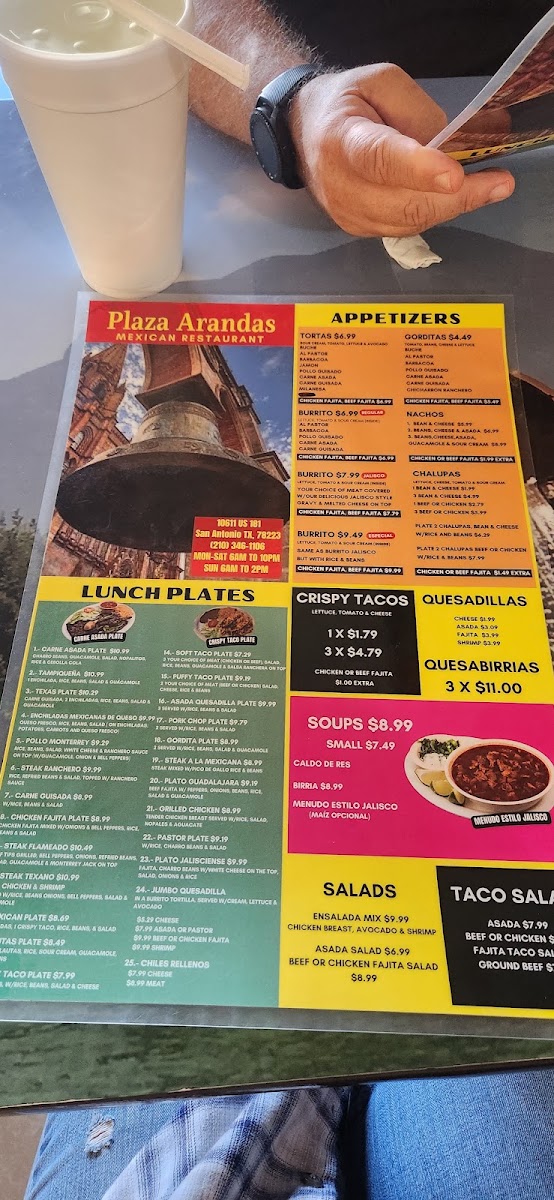 Plaza Arandas menu board