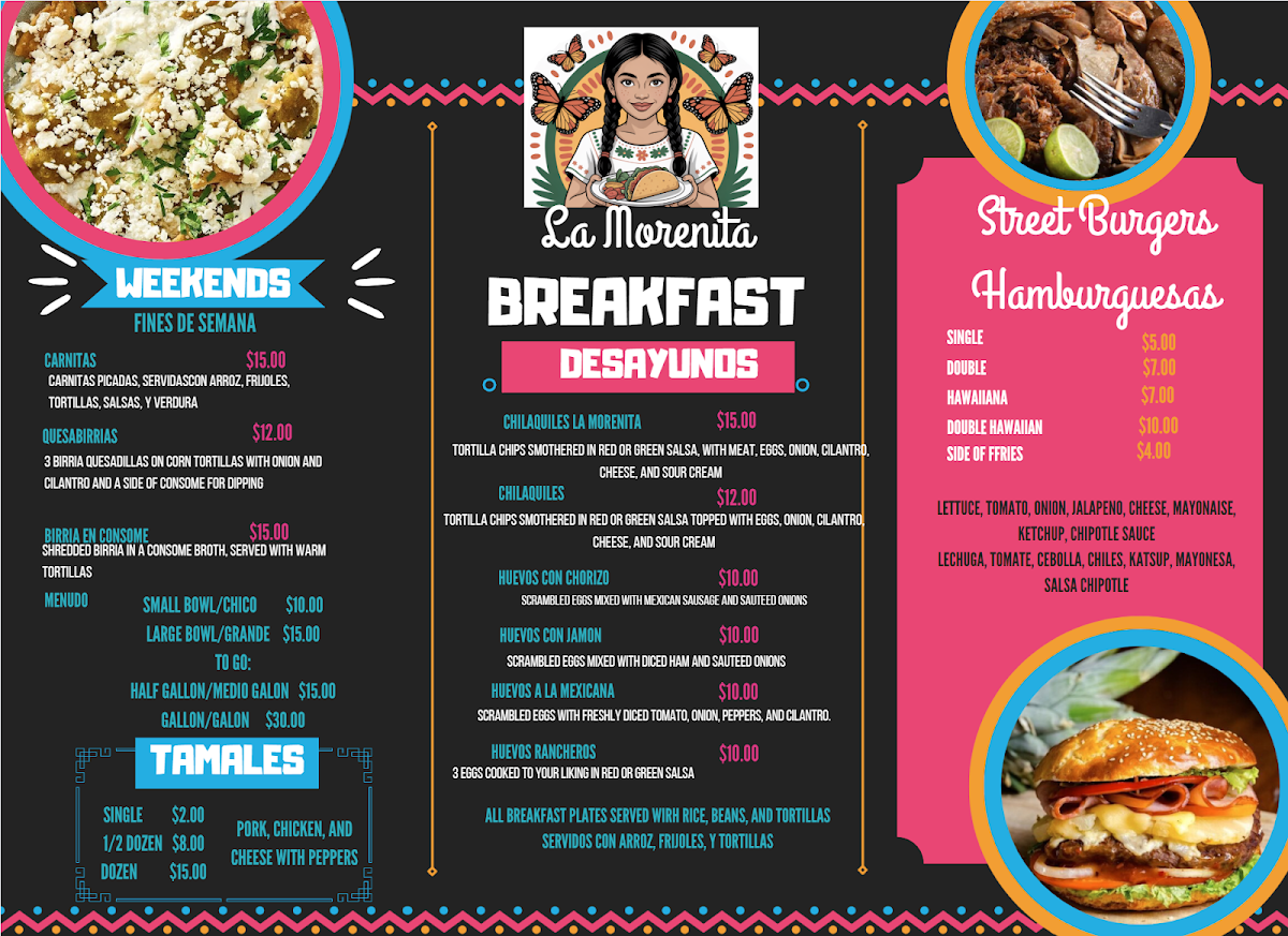 La Morenita Taqueria menu board