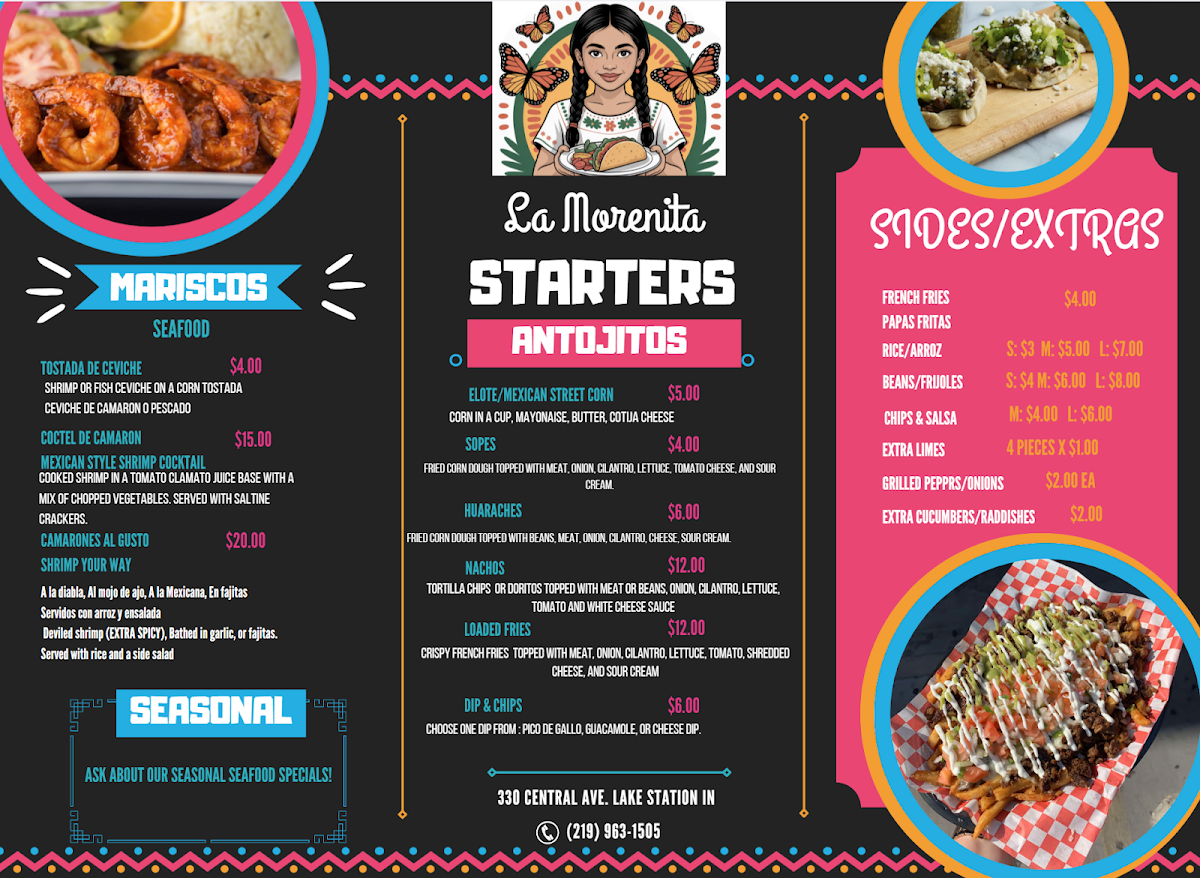 La Morenita Taqueria menu board