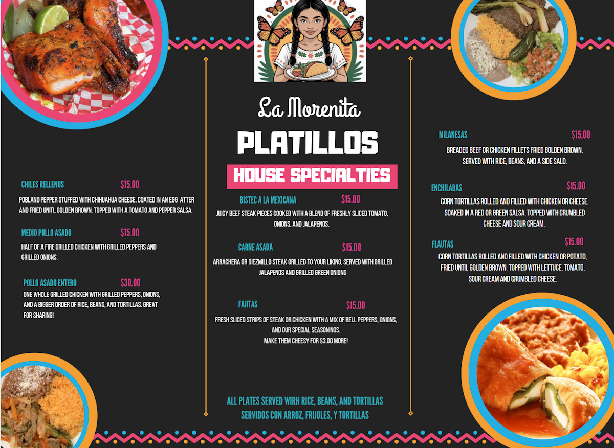 La Morenita Taqueria menu board