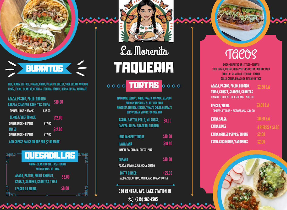 La Morenita Taqueria menu board
