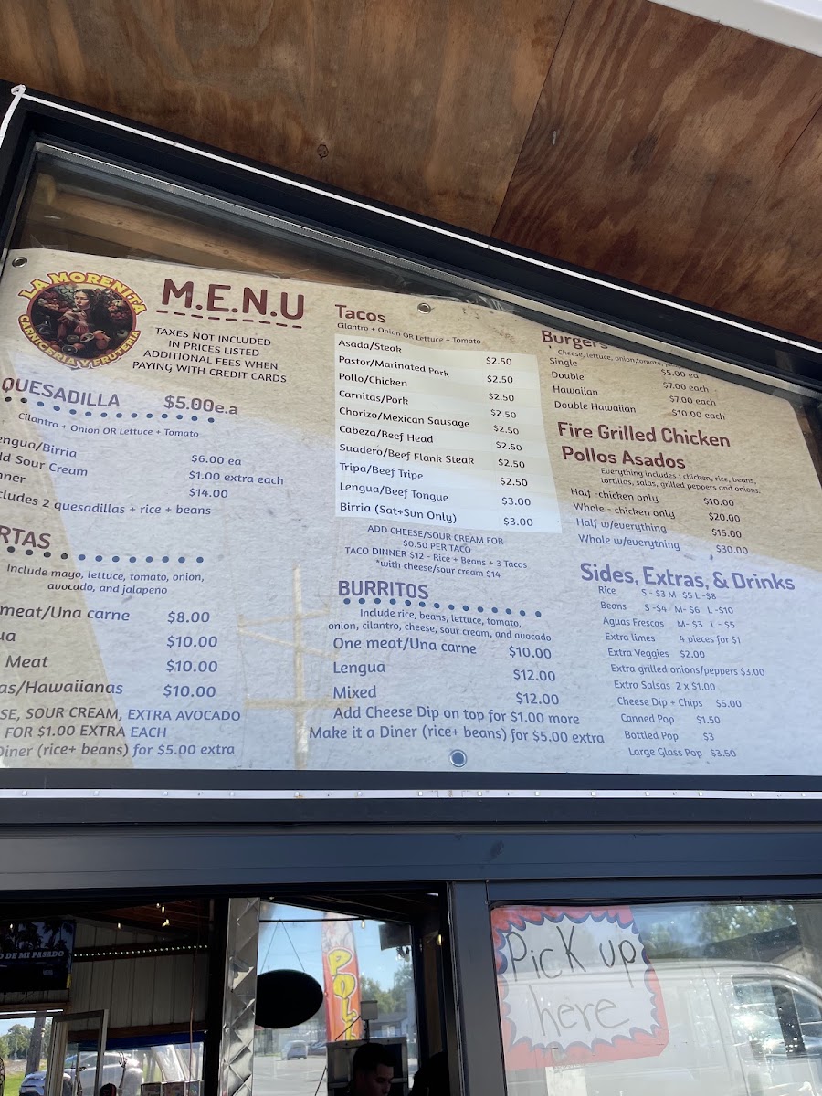 La Morenita Taqueria menu board