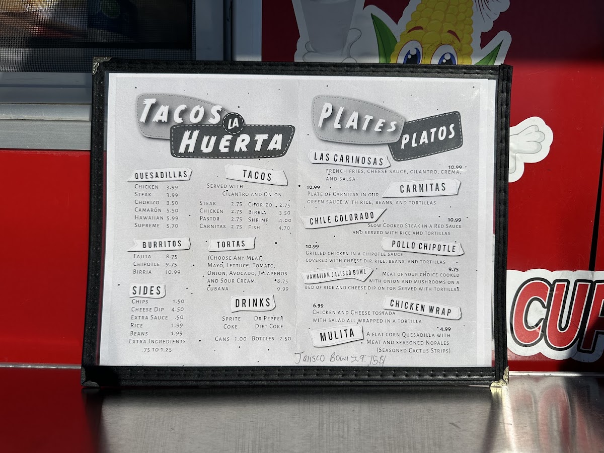 TACOS LA HUERTA menu board