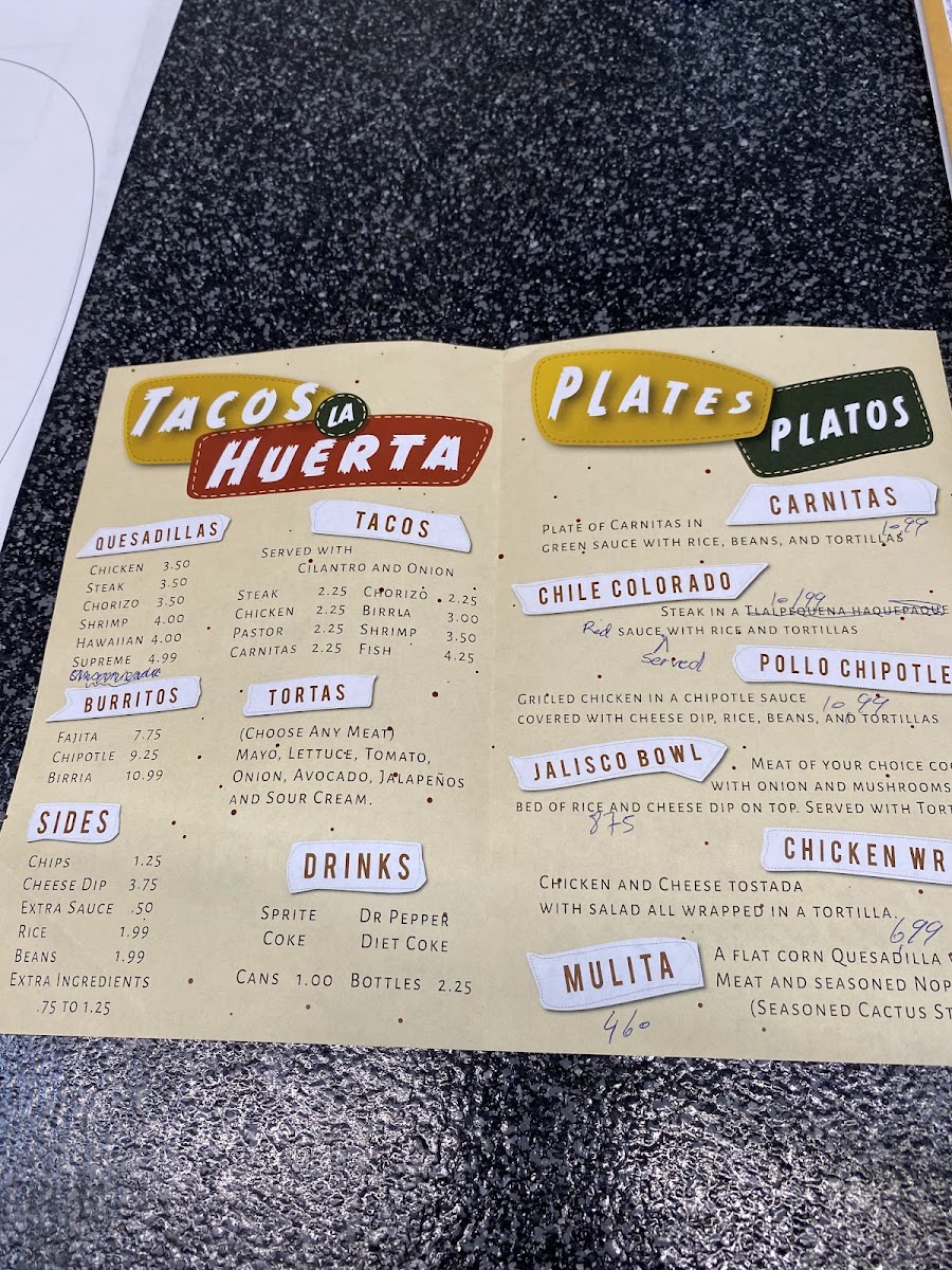 TACOS LA HUERTA menu board