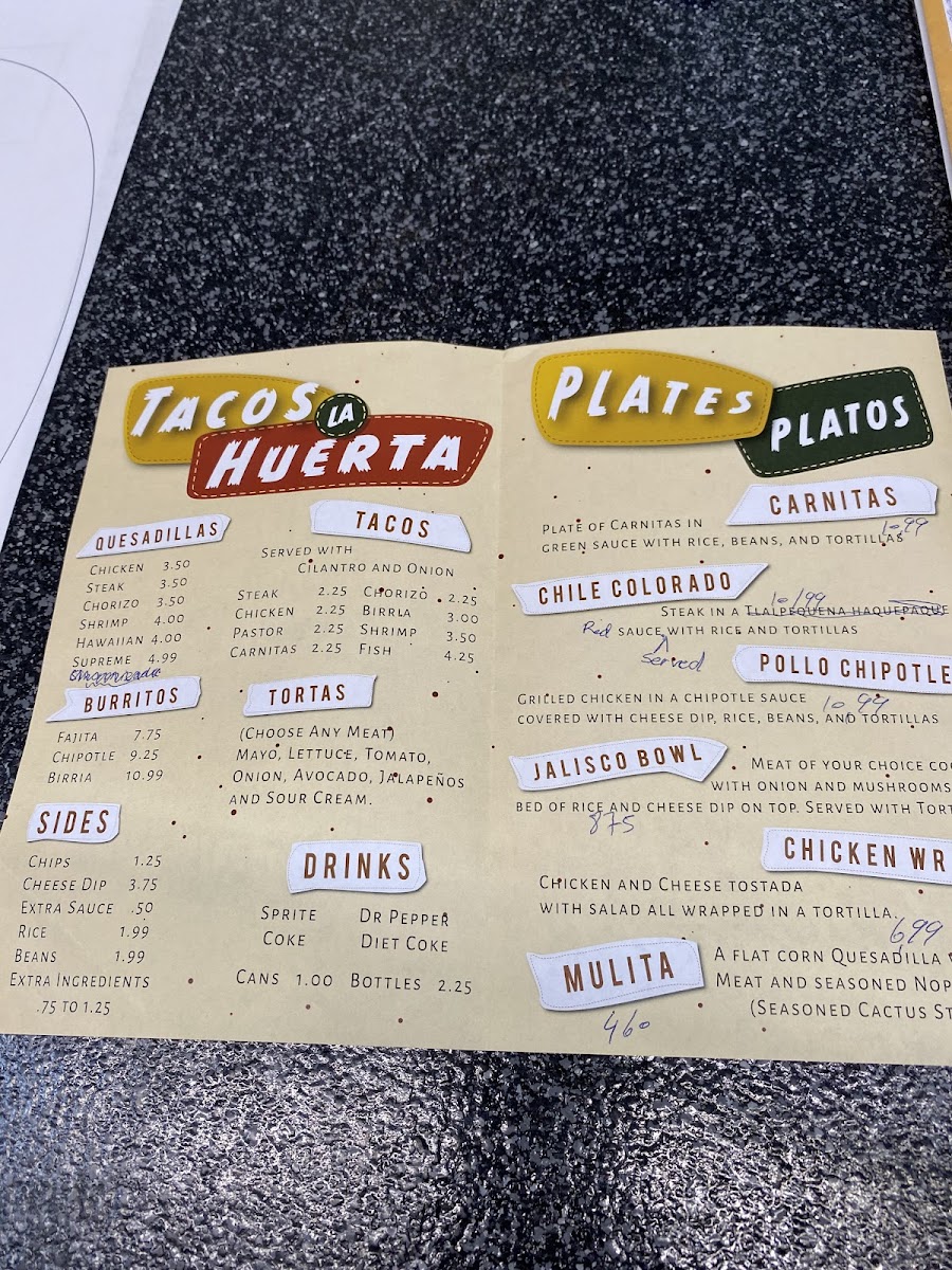 TACOS LA HUERTA menu board