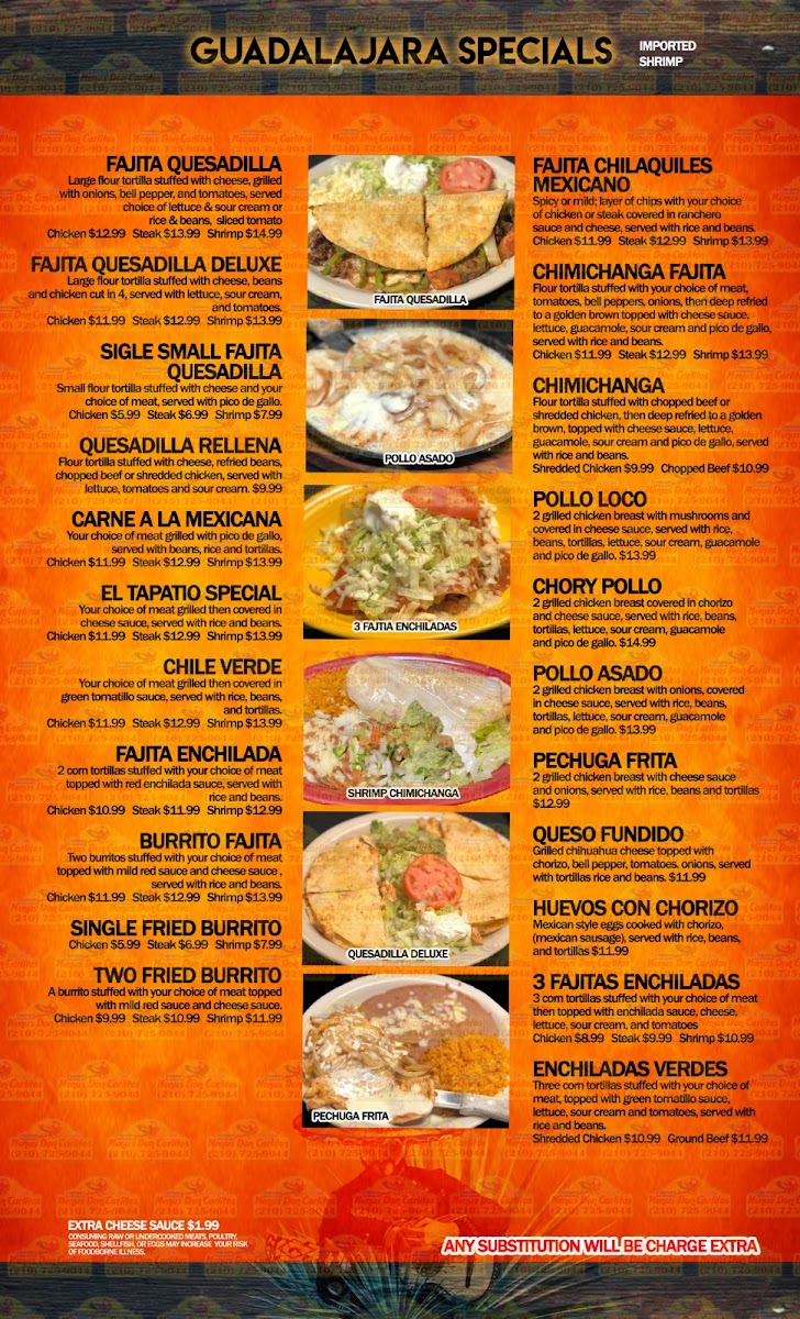 Guadalajara Mexican Grill of Franklin menu board