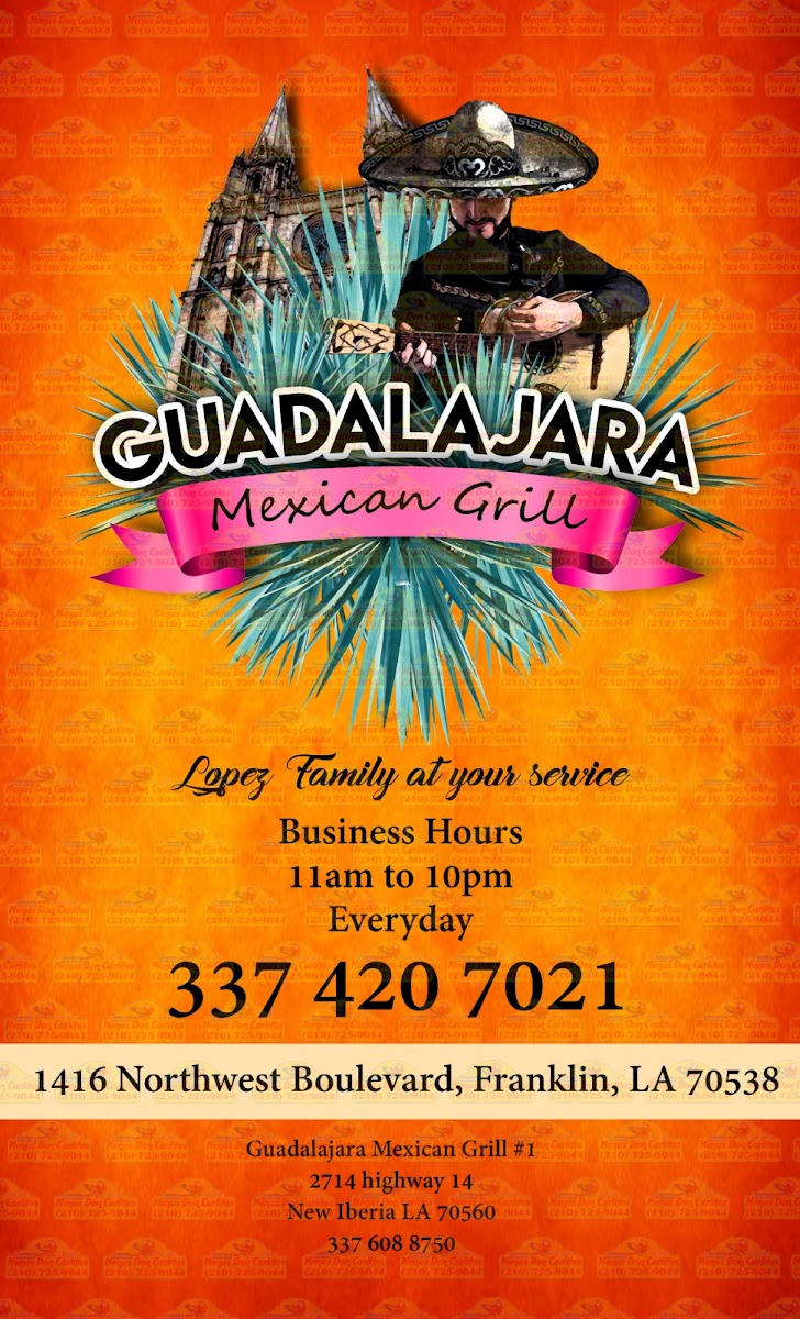Guadalajara Mexican Grill of Franklin menu board