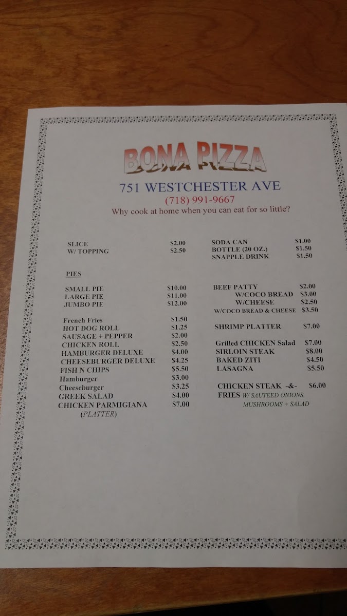 Bona Pizza menu board