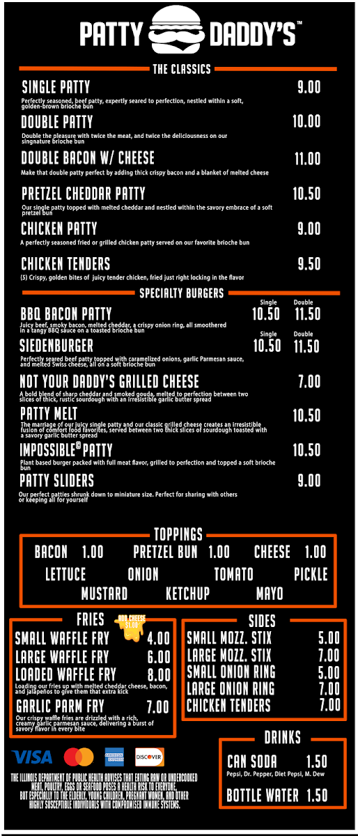 Patty Daddy's menu board